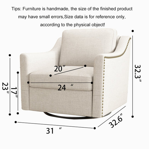 English Elm 360 Swivel Barrel Armchair Cotton Linen Upholstery Brass Nailhead Trim Living Room White W2113127539