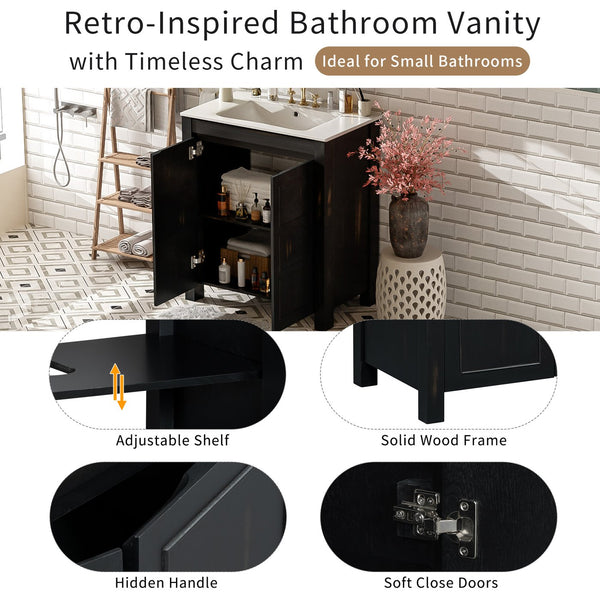 English Elm 30" Rustic Bathroom Vanity Espresso with Ceramic Sink, Soft-Close Doors, Adjustable Shelves, Open-Back Plumbing-Friendly Storage N729P290712P