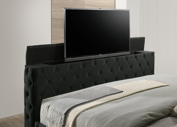English Elm Luxurious King Size Bed Set With Velvet Upholstery, Tv Lift Footboard & Elegant Nightstands - 3Pc B2741S00125