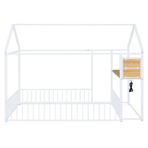 English Elm Full Size Metal House Bed Frame with Desk, Shelves, USB Power Ports & Playful Roof for Kids Room Delight White N737P173491K