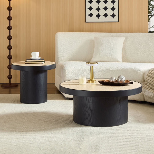 English Elm Coffee Table Nesting Set Round Mdf Pair Walnut Finish for Modern Living Rooms W876S00335