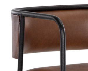 Sunpan Brenan Counter Stool - Elegant Curved Backrest, Unique Faux Leather, Black Metal Frame & Brass Caps Bravo Cognac