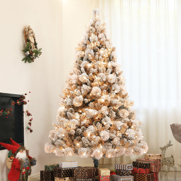 English Elm Homcom 6.5 Ft Pre-Lit Snow-Flocked Christmas Tree With 350 Lights & Metal Stand For Cozy Holidays W2225P249671
