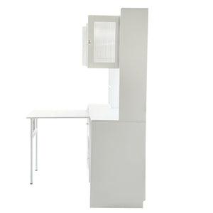 English Elm Computer Desk with Glass Doors, Hutch & Drawer Storage, Rotating 90° Desktop and Spacious Work Surface White W331S00194