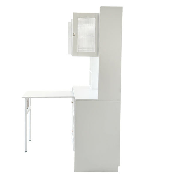 English Elm Computer Desk with Glass Doors, Hutch & Drawer Storage, Rotating 90° Desktop and Spacious Work Surface White W331S00194