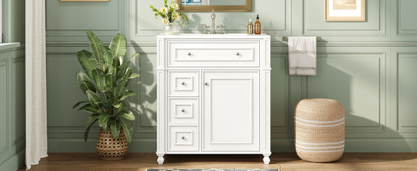 English Elm Bathroom Vanity with Sink French-Inspired 30" Ceramic Basin Vanity Cabinet with Soft-Close Doors & Drawer Organizer White N710P286723K
