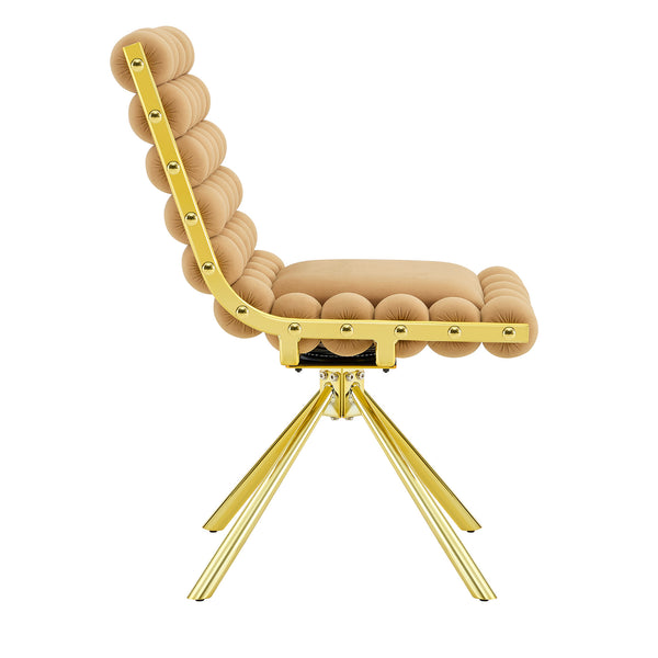English Elm Cream Dutch Velvet Swivel Chair Tufted Bubble Backrest Glam Armless Accent Seat Brown,Gold W3875P448018