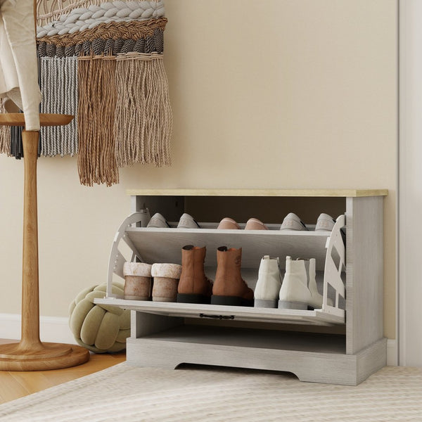 English Elm Shoe Storage Bench - Compact Entryway Organizer With Flip Drawer & Adjustable Shelf In Antique White W1120P290635-GIGA