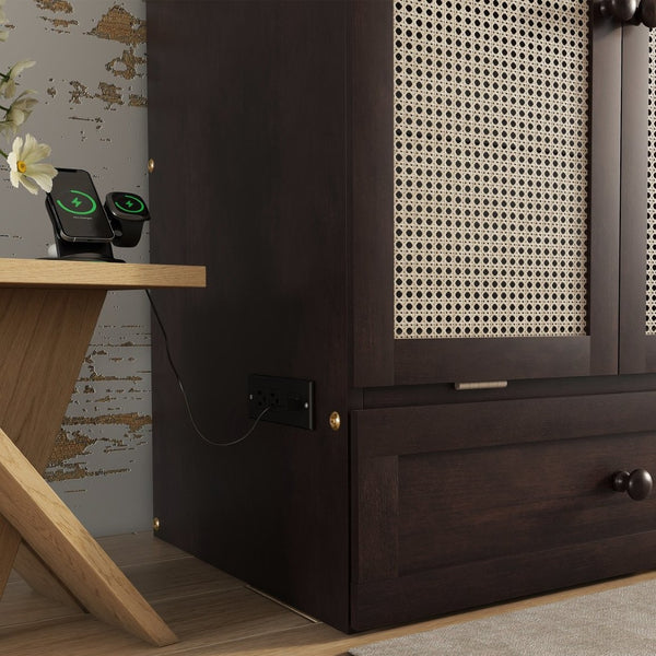 English Elm Queen Size Murphy Bed – Elegant Pine Wood Cabinet With Power Station & Rattan Accents, Espresso Finish W504S00235-GIGA