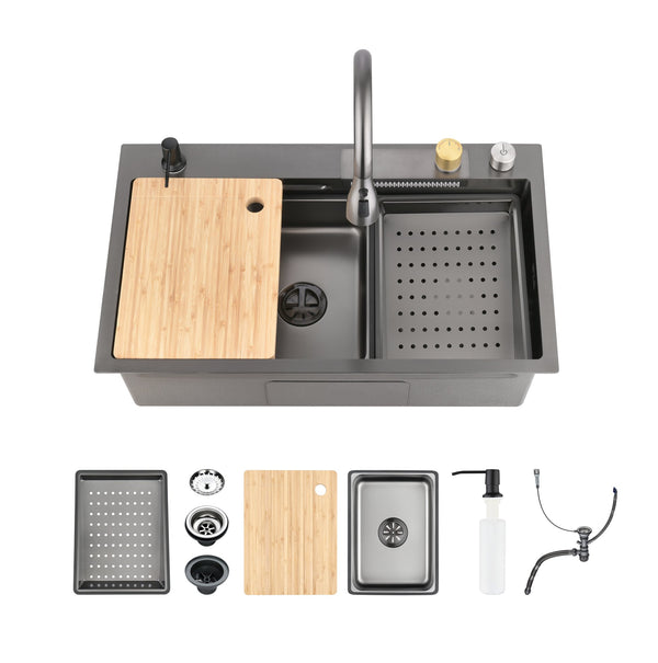 English Elm Waterfall Matte Black Stainless Steel Workstation Sink with Pull Out Faucet and Prep Rail T3177P286036