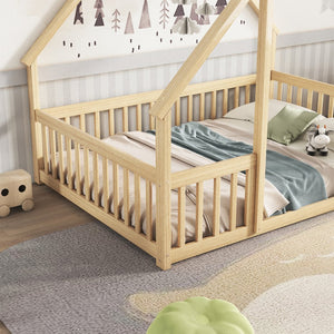 English Elm Full House-Shaped Floor Bed with Fence and Guardrails, Pine Wood Play Loft for Imaginative Kids Retreat Natural W504P143295