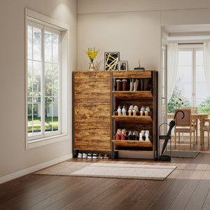 English Elm Shoe Cabinet Slim 3-Flip Drawers with Top Drawer and Metal Handles, Rustic Brown Entryway Organizer W2948P245242