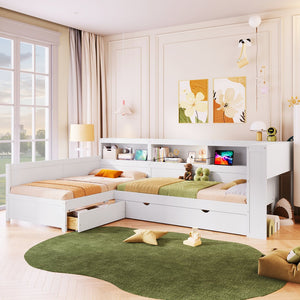 English Elm Wood Twin L-shaped Platform Bed Trundle Shelves Charging Station Kids Room White N7090001045K-1