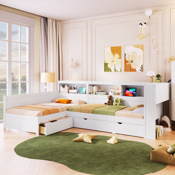 English Elm Wood Twin L-shaped Platform Bed Trundle Shelves Charging Station Kids Room White N7090001045K-1