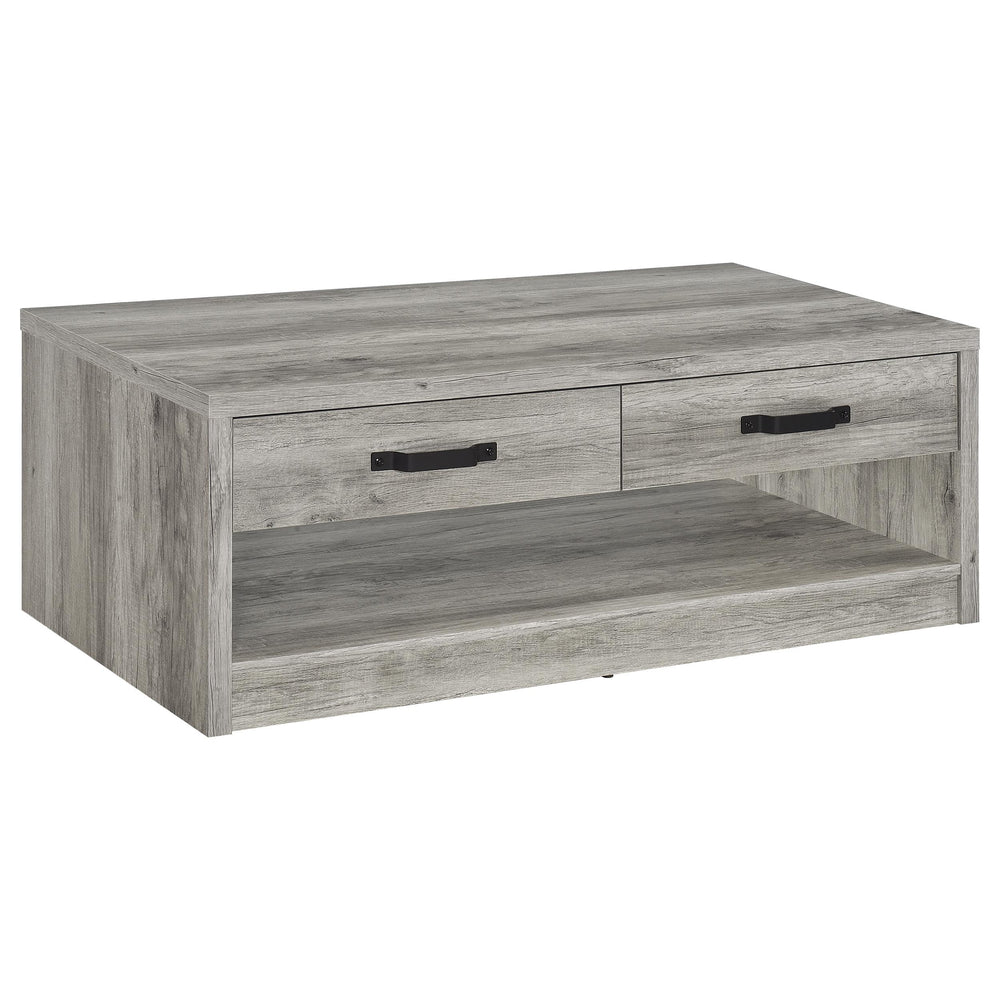 English Elm Nuberg Driftwood Finish Rectangular Coffee Table with Drawers and Open Shelf Storage B062P441290