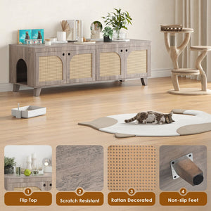 English Elm Double Hidden Cat Litter Box Enclosure with Rattan Doors, Two Spacious Compartments, Odor Control Stand Grey T3623P380885
