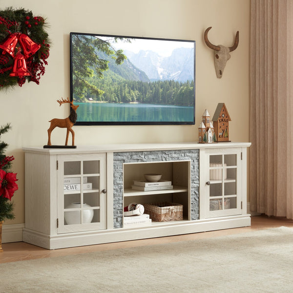 English Elm 70" Modern TV Stand with Faux Stone Top, Spacious 2-Door Media Console with Cable Management and Adjustable Shelves, Vintage Metal Handles, Durable MDF Construction for Living Room Entertainment (Fits up to 75") White W2275P342690