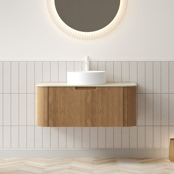 English Elm Dina Floating Bathroom Vanity Sintered Stone Top Glass Basin Striped Plywood Cabinet W2615S00341