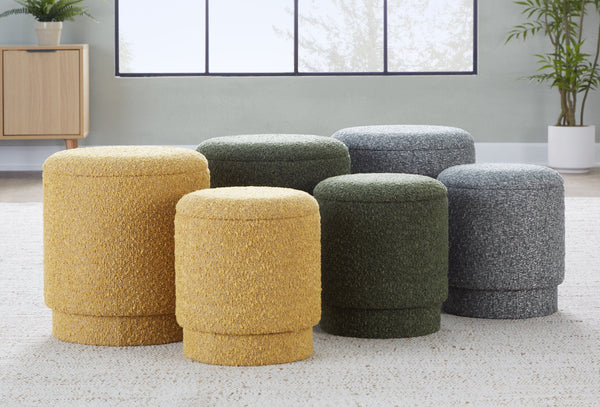 English Elm Ottoman Set Nesting Storage Cubes Upholstered in Rich Fabric for Modern Living Spaces Green B202P471501