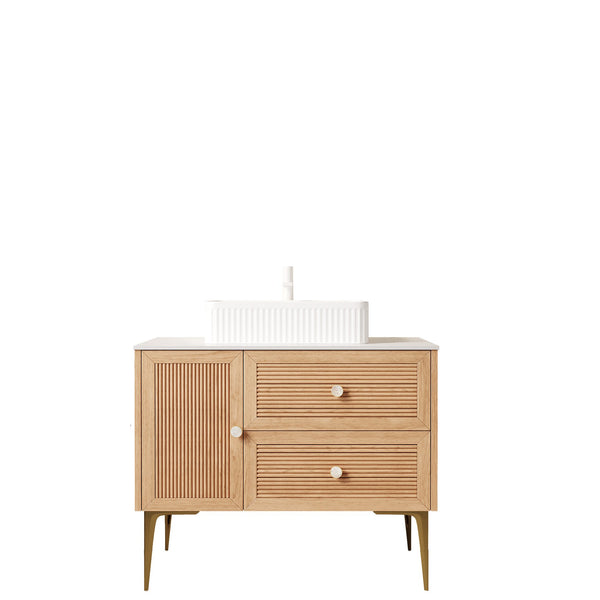 English Elm Dina Floating Bathroom Vanity Sintered Stone Top Glass Basin Striped Plywood Cabinet W2615S00208