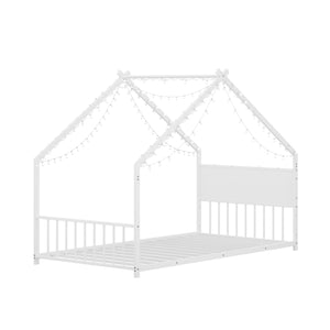 English Elm Twin House Shaped Metal Bed Frame with Led Lights and Wood Slats for Kids W1820P356049