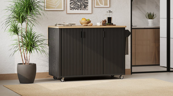 English Elm K&K 51" Fluted Kitchen Island with Waveform Panels, Drop Leaf, Rolling Cart with Towel Rack and Storage Black N707P221446B