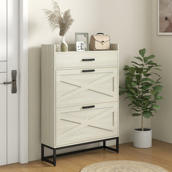 English Elm HOMCOM Industrial Narrow Shoe Cabinet with 2 Flip Drawers, Adjustable Shelves & Top Drawer for Entryway Organization and Hidden Storage White W2225P229447