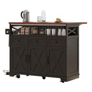 English Elm K&K 46.5'' Farmhouse Kitchen Island Cart with Beaded Drapes, Drop Leaf, Power Hub, Ample Storage Black N707P254872B