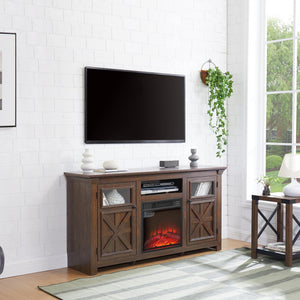 English Elm 2 Door Farmhouse Entertainment Console with Built-in Electric Fireplace Barn Style Espresso W2275S00041