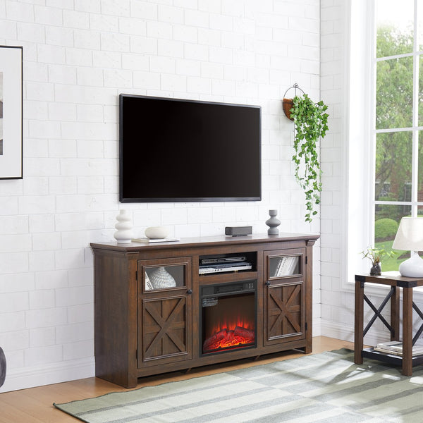 English Elm 2 Door Farmhouse Entertainment Console with Built-in Electric Fireplace Barn Style Espresso W2275S00041