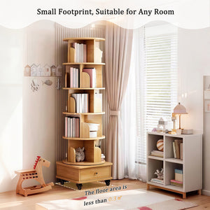English Elm 6 Tier Rotating Bookshelf 360° Spinning Tower with Lockable Wheels, Drawer & Stable Base for Home Office Wood W3204P309484