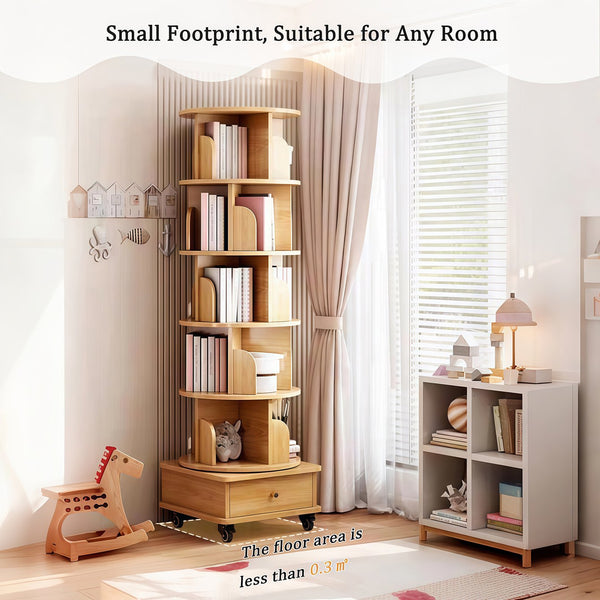 English Elm 6 Tier Rotating Bookshelf 360° Spinning Tower with Lockable Wheels, Drawer & Stable Base for Home Office Wood W3204P309484