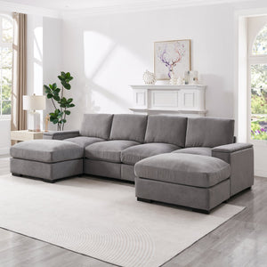 English Elm 122"l Corduroy Sectional with Dual Ottomans Modular U-shape Sofa for Modern Living Gray W1669S00044