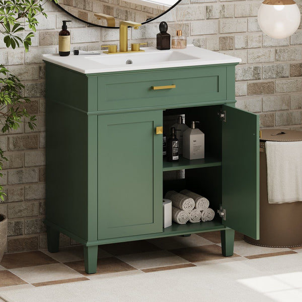 English Elm 30-inch bathroom vanity with ceramic basin, solid wood frame, soft-close doors and adjustable shelves for organized style and lasting durability Green N729P173380F