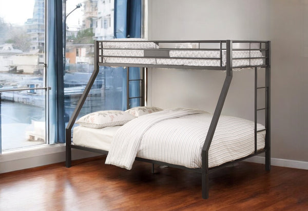 English Elm Limbra Sandy Finish Twin XL/Queen Bunk Bed with Metal Frame, Built-In Ladder, Full Guard Rail Durable Black 63 L x 19 W x 4 H B2726S00208