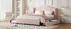 English Elm Upholstered Platform Bed with Wingback Headboard, Twin Trundle & 2 Storage Drawers, Linen Queen Frame Pink 83 L x 9.5 W x 8.75 H N733S208132H
