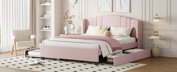 English Elm Upholstered Platform Bed with Wingback Headboard, Twin Trundle & 2 Storage Drawers, Linen Queen Frame Pink 83 L x 9.5 W x 8.75 H N733S208132H