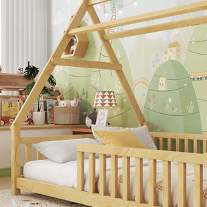 English Elm Twin Montessori Floor Bed House Frame with Led Lighting and Safety Rails for Kids Natural W2593P440591