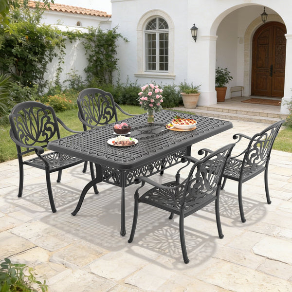 English Elm 5-piece Cast Aluminum Outdoor Dining Set with Carved Relief Detail and Weather Resistant Frame W1710S00587