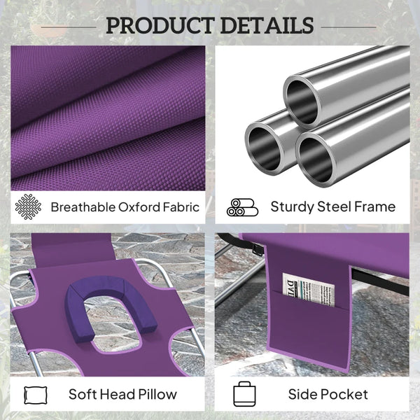 English Elm Handy Tri-fold Outdoor Lounger with Face Cavity Steel Frame Oxford Fabric Tanning Bed Purple T3971P481276