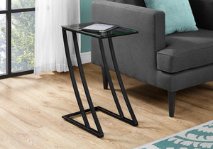 English Elm Accent C-Shaped End Table with Z-Base, Tempered Glass Top, Sturdy Metal Frame, Modern Versatility for Living Spaces Black 29 L x 15 W x 5 H B2710P219184