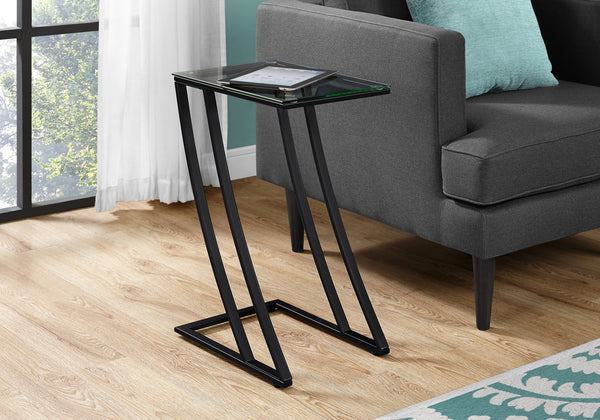 English Elm Accent C-Shaped End Table with Z-Base, Tempered Glass Top, Sturdy Metal Frame, Modern Versatility for Living Spaces Black 29 L x 15 W x 5 H B2710P219184
