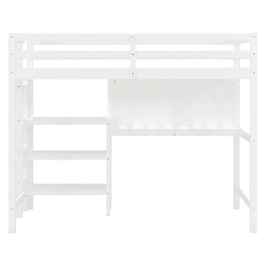 English Elm Twin Loft Bed with Built-in Desk Shelving and Dry-erase Board for Kids Rooms White LT100320AAK