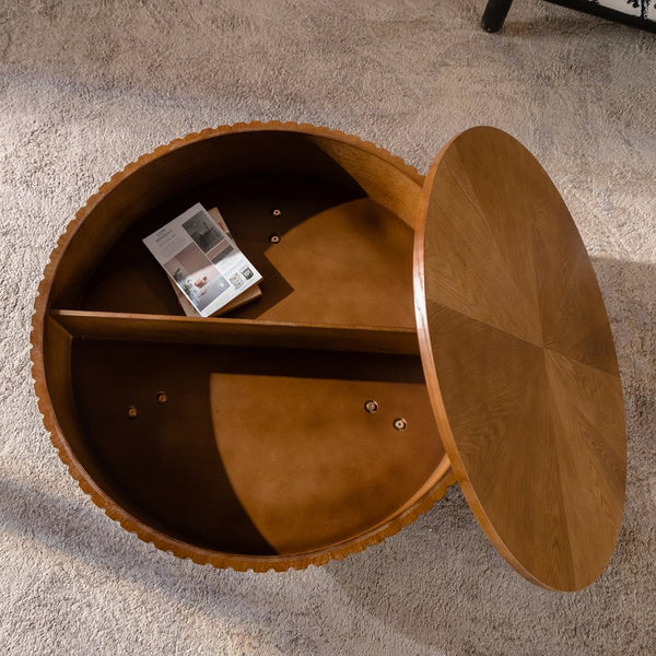 English Elm 31.5" Round Mid-century Coffee Table with Lower Shelf Solid Wood Legs and Mdf Top Natural W757P370290