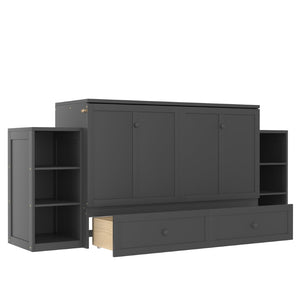 English Elm Queen Vintage Dark Gray Murphy Bed With Storage Drawers & Shelves - Perfect For Compact Spaces! W1580S00257-GIGA