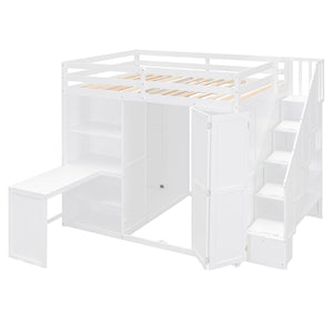 English Elm Full Size Loft Bed with Wardrobe Desk and Shelving for Modern Teen Bedroom White LT000679AAK-1