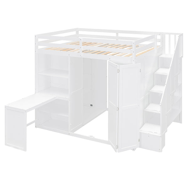English Elm Full Size Loft Bed with Wardrobe Desk and Shelving for Modern Teen Bedroom White LT000679AAK-1