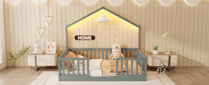 English Elm Twin Montessori Floor Bed House Frame with Led Lighting and Safety Rails for Kids Grey W2593P440606