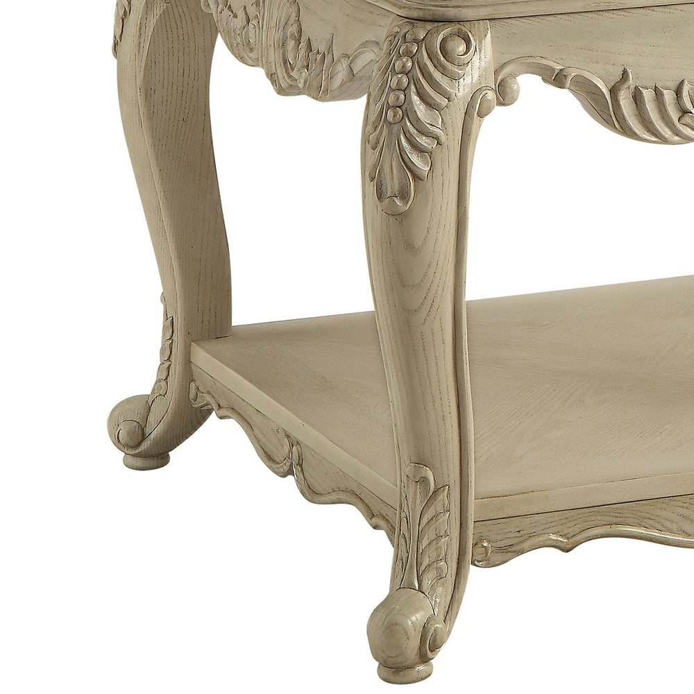 English Elm Antique scalloped-top end table with Queen Anne legs, square design and lower shelf for display elegance White B062P209110