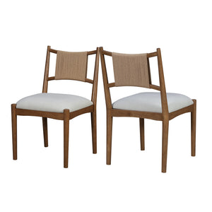 English Elm Upholstered Linen Dining Chairs Set of 2 Rubberwood Mid-century Woven Paper Rope Back Beige,Brown N776P385751D